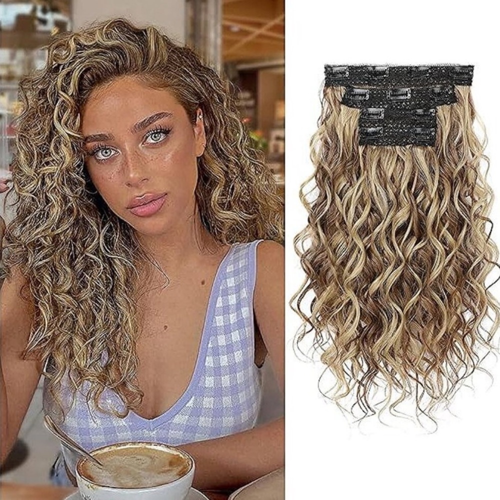 Curly Hair Extensions, 4PCS 16 inch Clip in Hair Extensions Lace Weft Short Curl